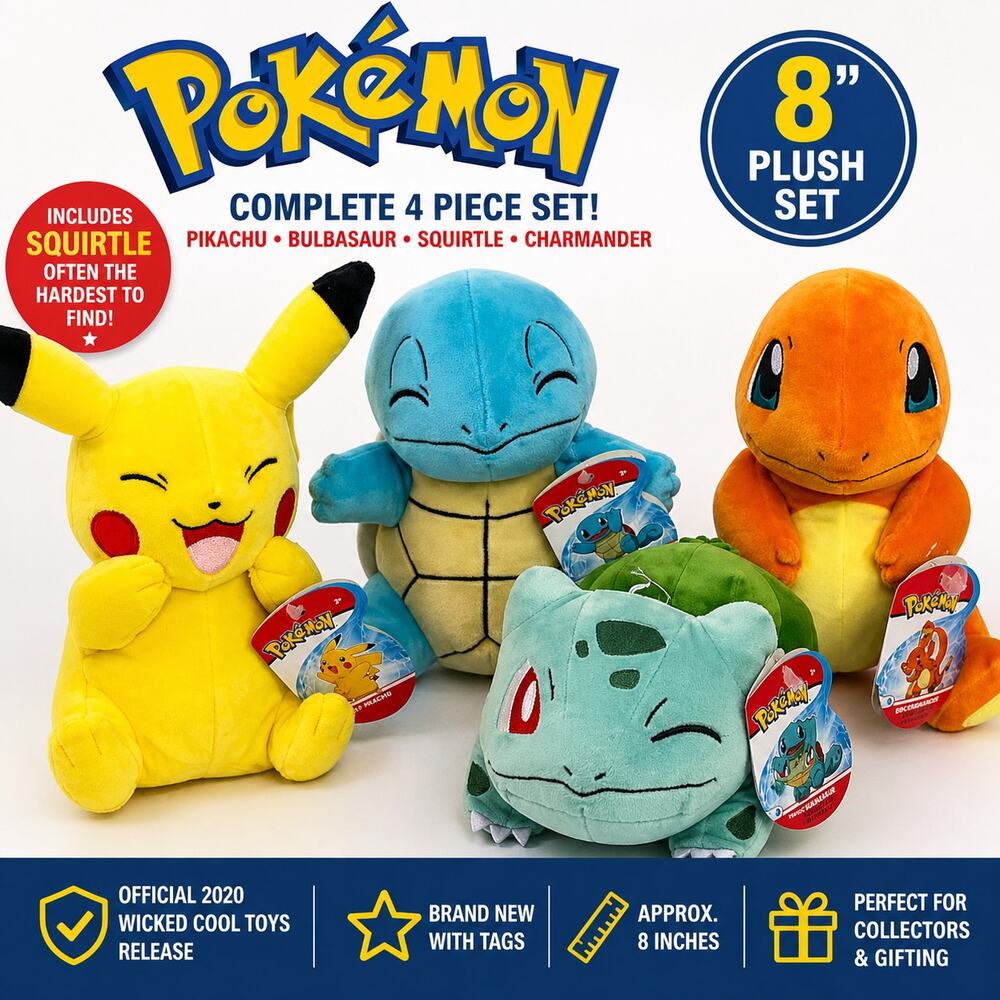 Pokemon 8 Inch Plush Set Pikachu Bulbasaur Charmander Squirtle 4pc NWT